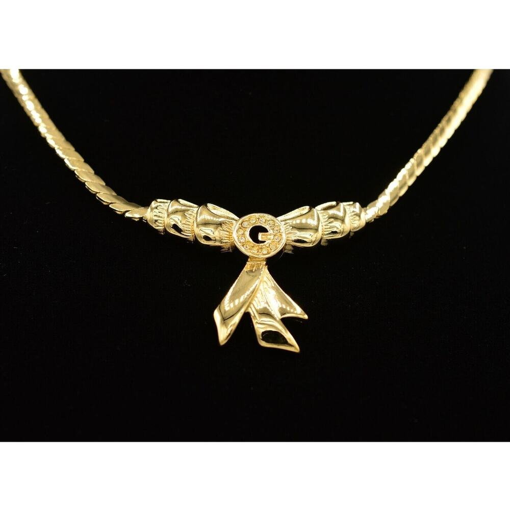 Givenchy Vintage Collar Necklace G Logo Crystal Chunky Bow Runway Signed BinN